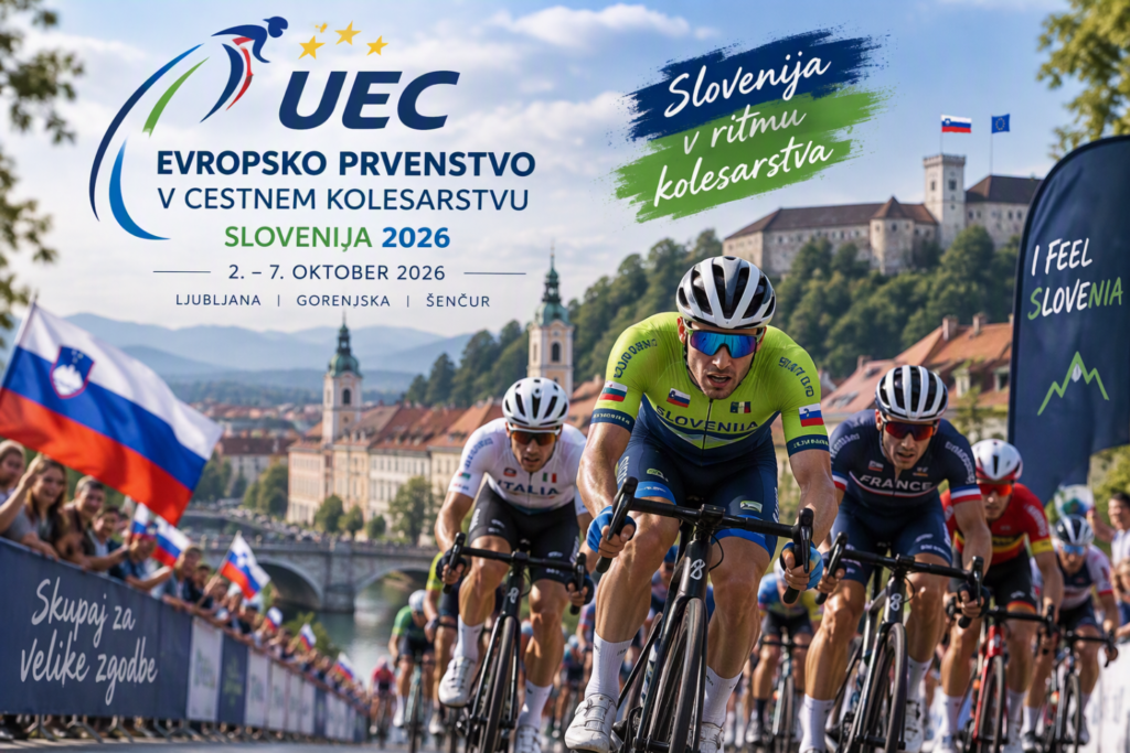 Kolesarji med dirko na Evropskem prvenstvu v cestnem kolesarstvu 2026 v Sloveniji. Tekmovanje poteka med Ljubljano, Gorenjsko in Šenčurjem ter gosti več kot 800 kolesarjev iz več kot 50 držav.